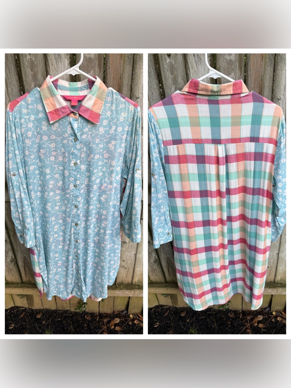 April Cornell Mixed Floral Plaid Tunic Dress Shirtdress soft flannel coastal L